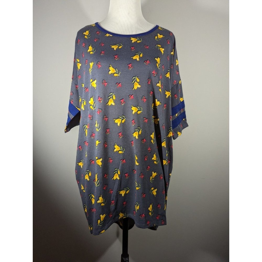 NEW‎ Lularoe Irma Floral Grey Blue Sleeve Stripes Women's Size S